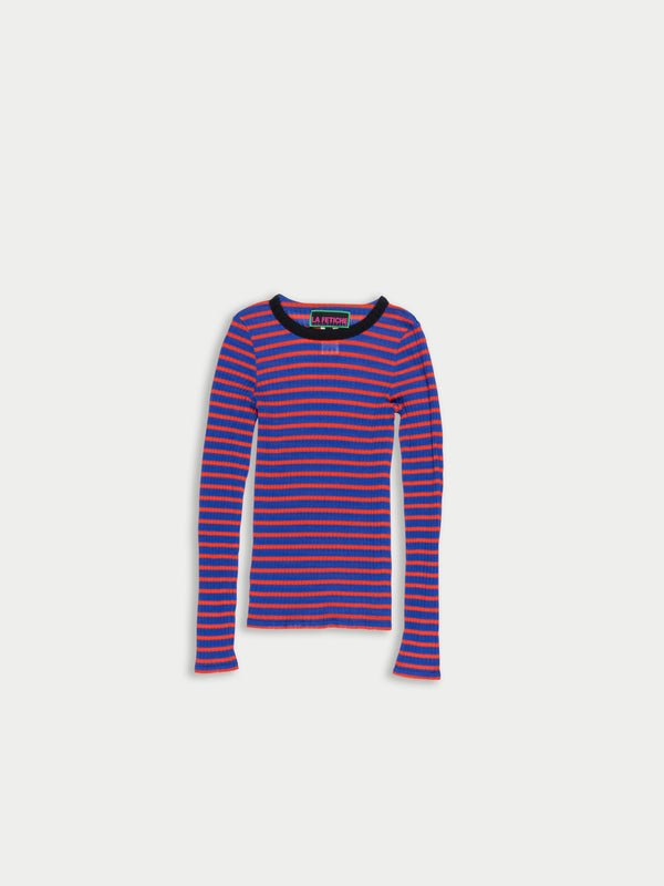 JACKIE RAYE Striped Fine Weight Ribbed Top - Blue / Red