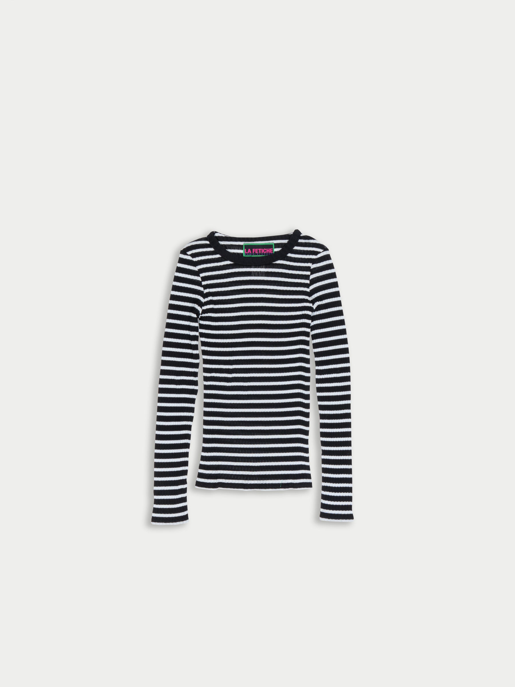 JACKIE RAYE Striped Fine Weight Ribbed Top - Black / Light Blue