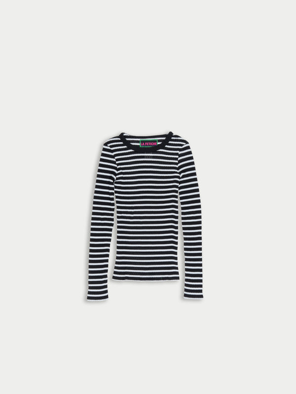 JACKIE RAYE Striped Fine Weight Ribbed Top - Black / Light Blue