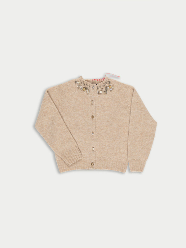 SANDI Embellished Crew Neck Shetland Cardigan - Oatmeal