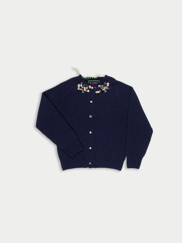 SANDI Embellished Crew Neck Shetland Cardigan - Navy