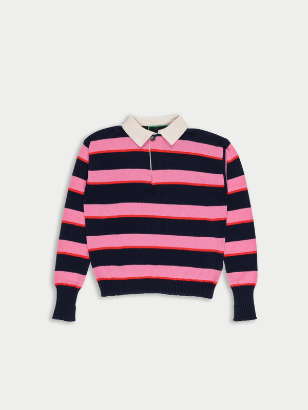 WINIFRED Striped Lambswool Rugby Sweater - Navy / Pink