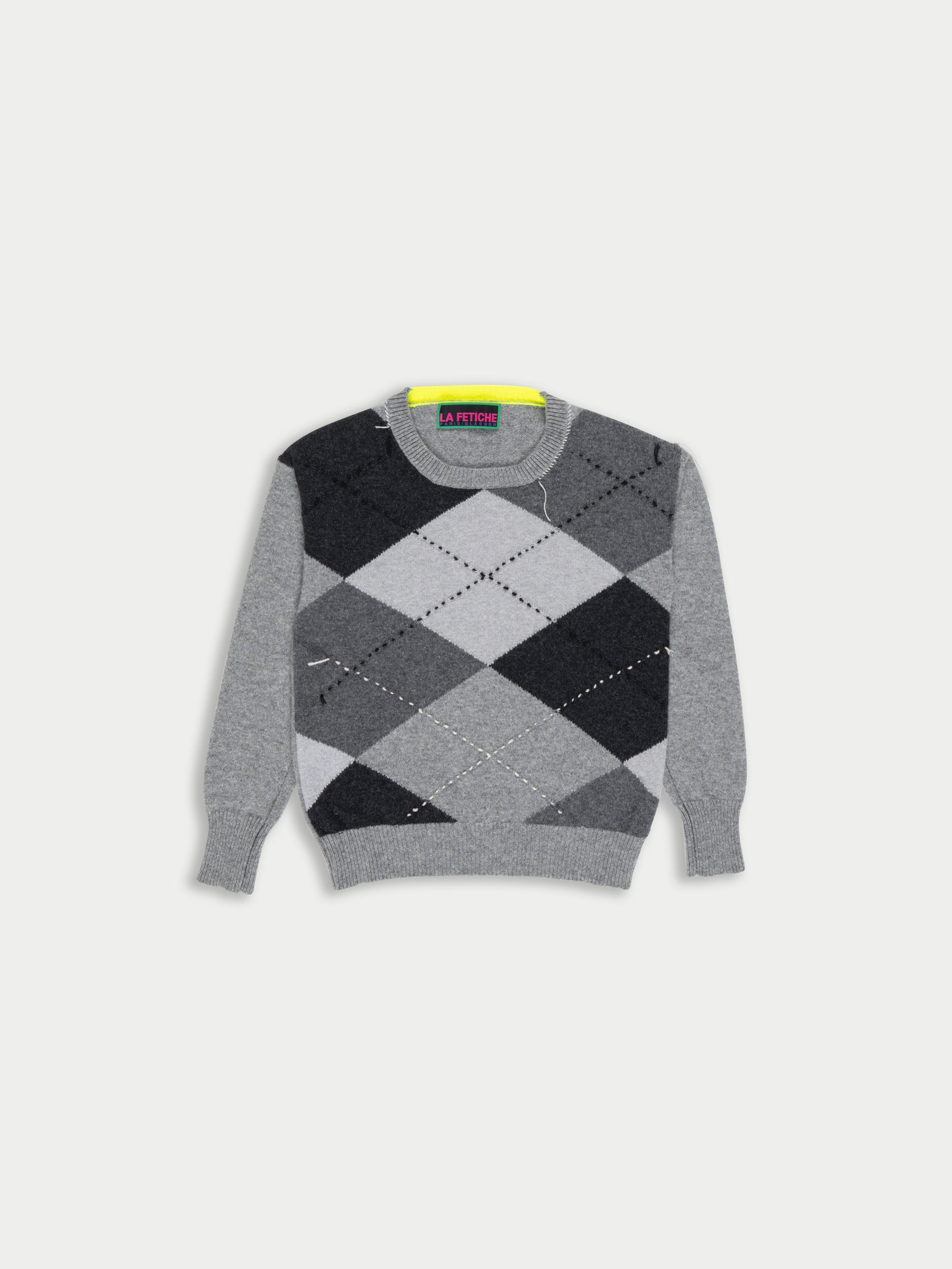 UNA Lambswool Argyle Crew Neck Sweater- Grey/ Black