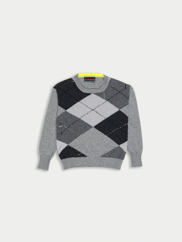 UNA Lambswool Argyle Crew Neck Sweater- Grey/ Black