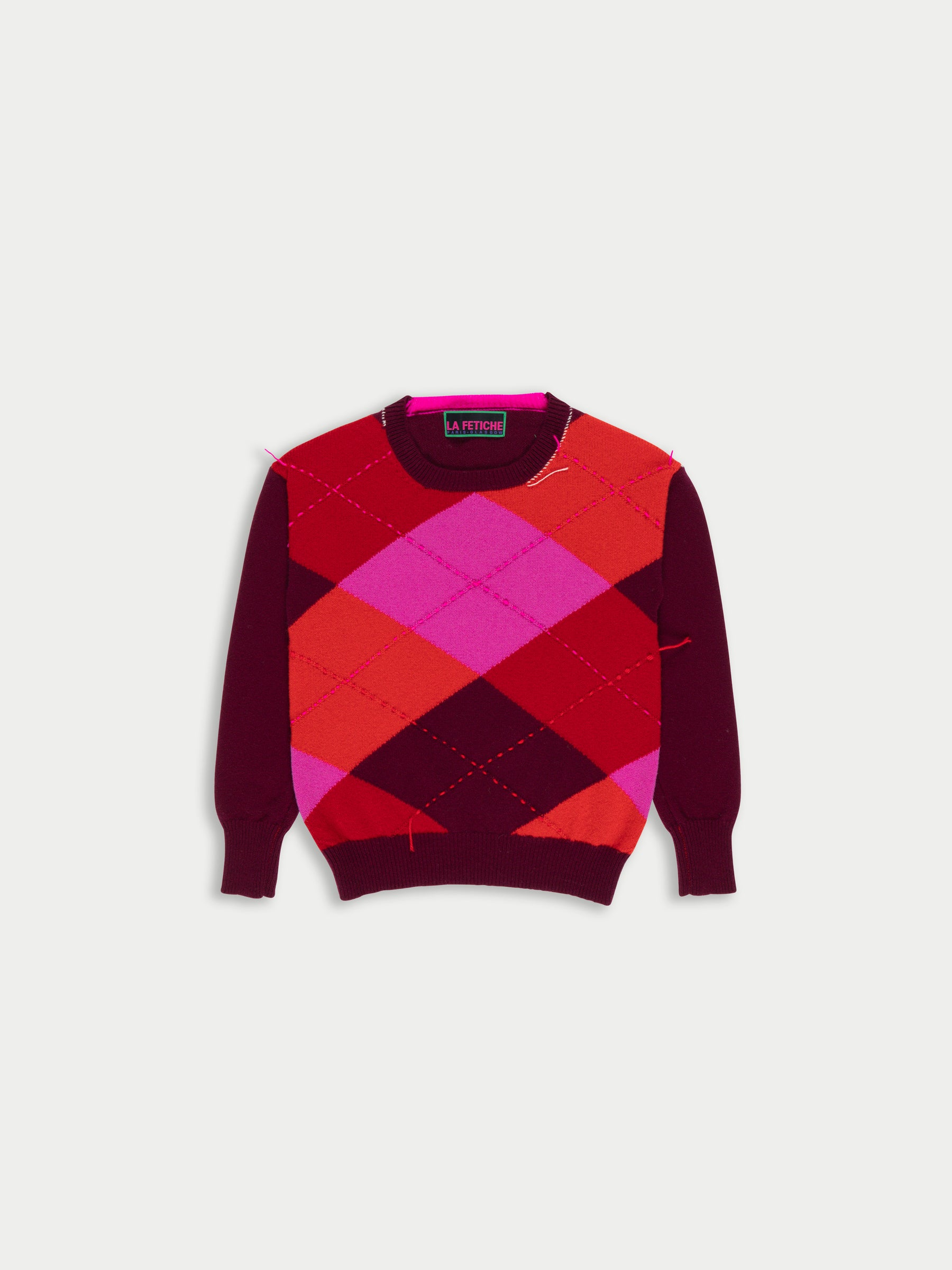 UNA Lambswool Argyle Crew Neck Sweater - Burgundy/ Pink