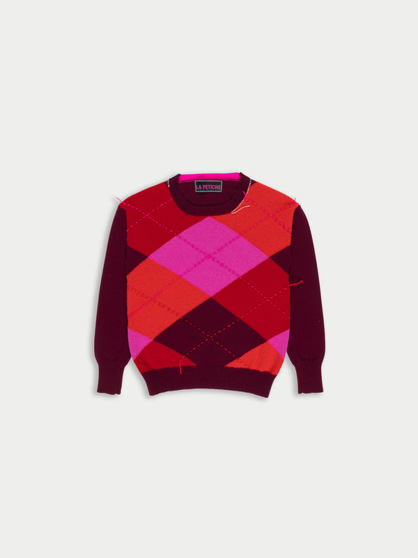 UNA Lambswool Argyle Crew Neck Sweater - Burgundy/ Pink
