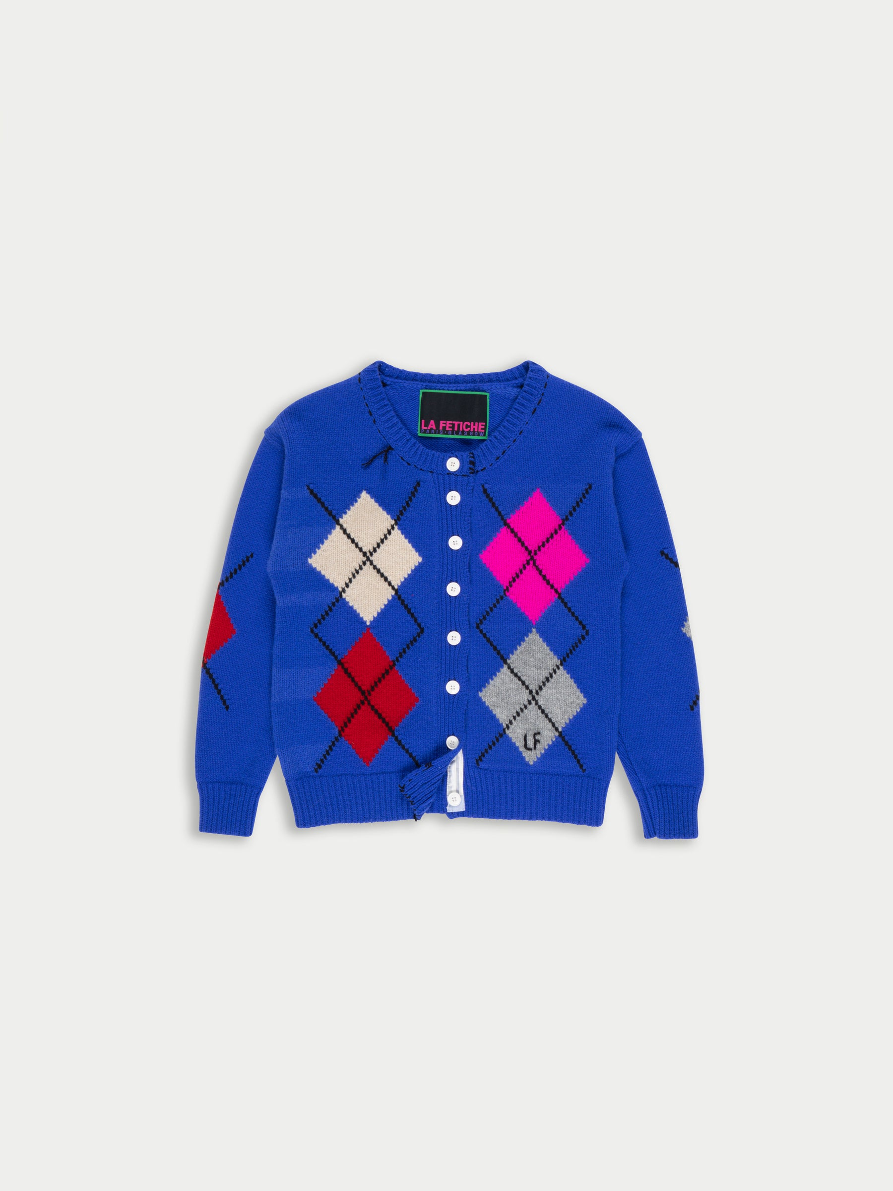 ISH Argyle Crew Neck Cardigan - Blue