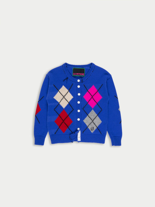 ISH Argyle Crew Neck Cardigan - Blue