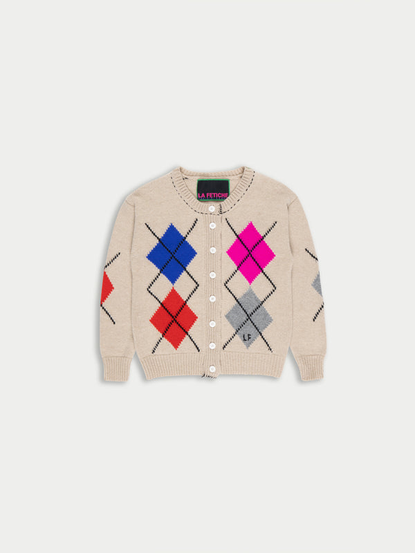 ISH Argyle Crew Neck Cardigan - Oatmeal