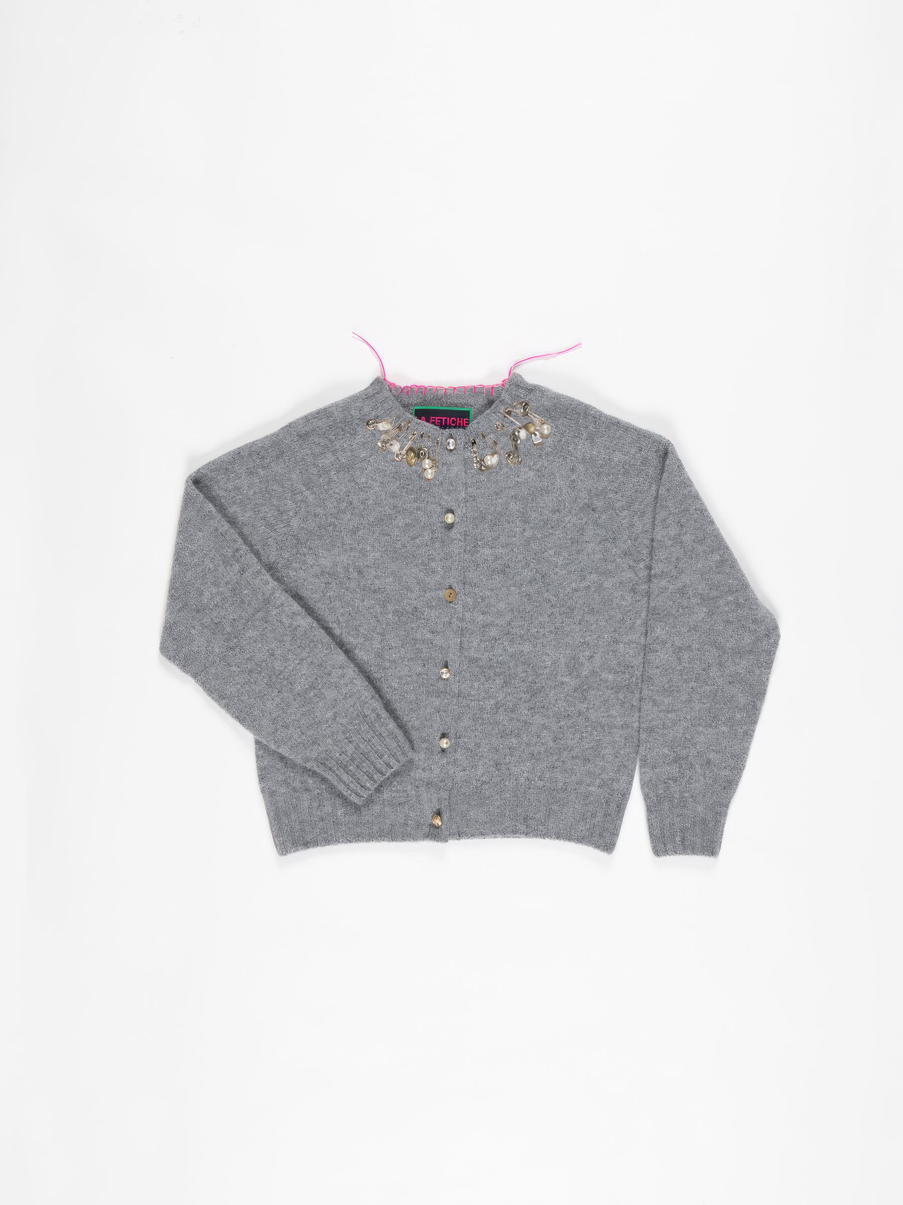 SANDI Embellished Crew Neck Shetland Cardigan - Grey