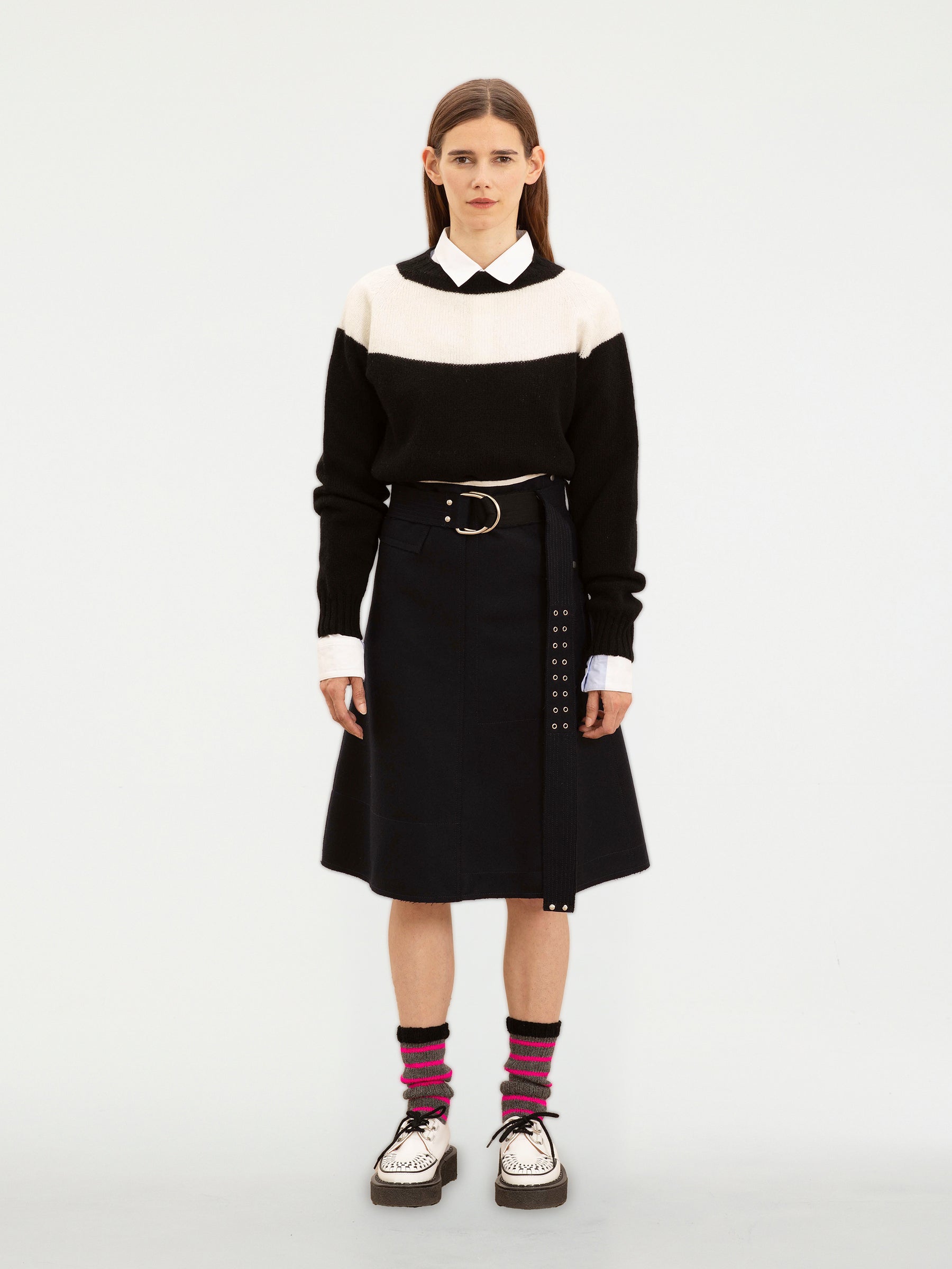 BONNIE raw-cut Felt A-line Skirt With D Ring Military Belt - Navy