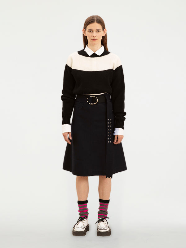 BONNIE raw-cut Felt A-line Skirt With D Ring Military Belt - Navy