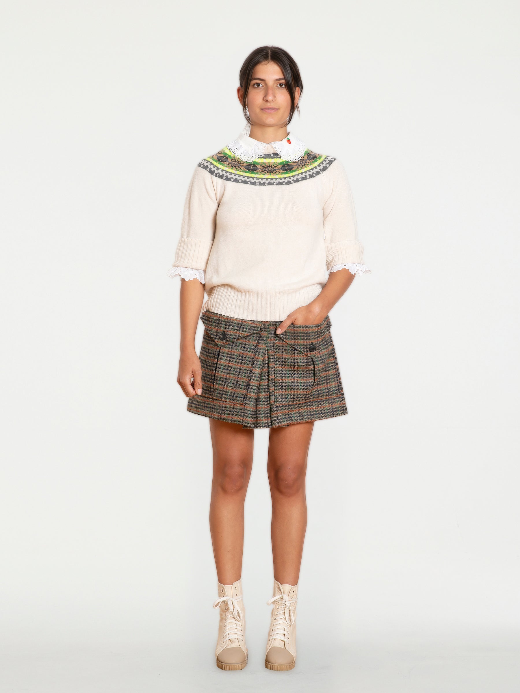 BRIGITTE Tweed Mini Skirt - Brown / Orange / Green Check