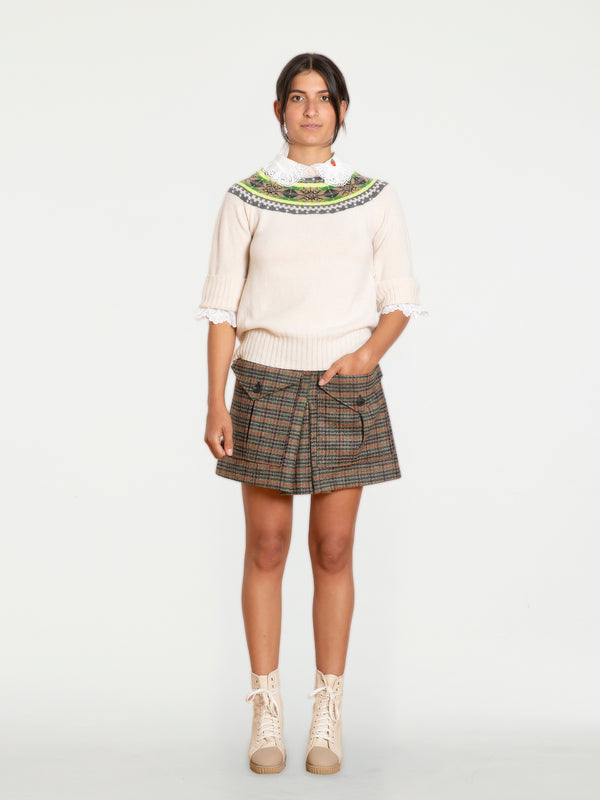 BRIGITTE Tweed Mini Skirt - Brown / Orange / Green Check
