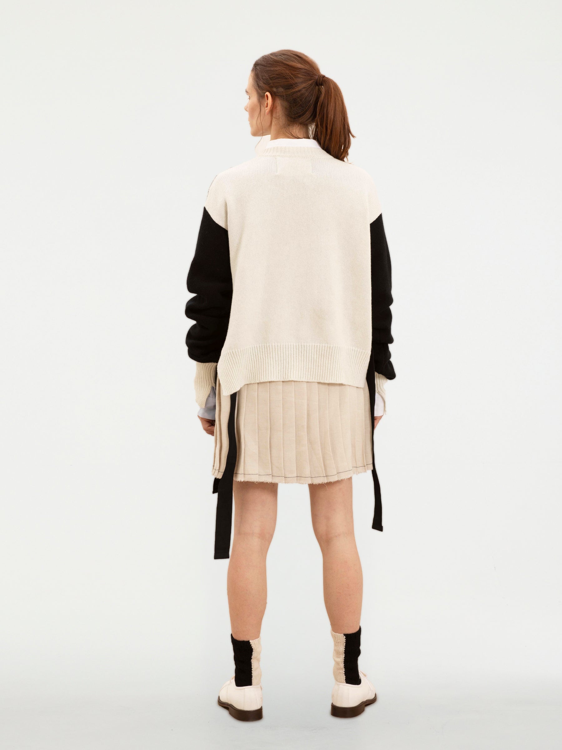 TWIGGY traditional Hand Pleated Mini Kilt Made With Japanese Fabric In Ecru And Black - Black / Ecru / Red