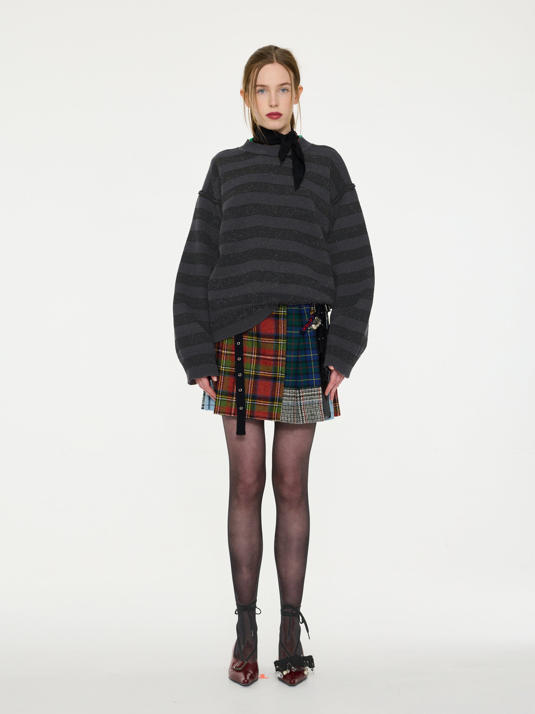 LESLIE Oversized Loose Fit Striped Sweater - Grey / Dark Grey