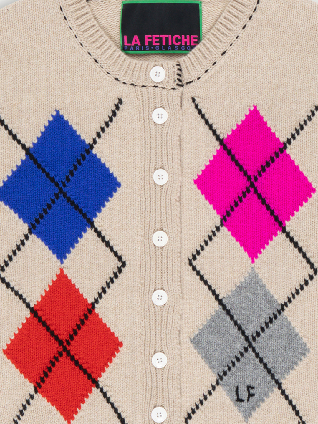 ISH Argyle Crew Neck Cardigan - Oatmeal