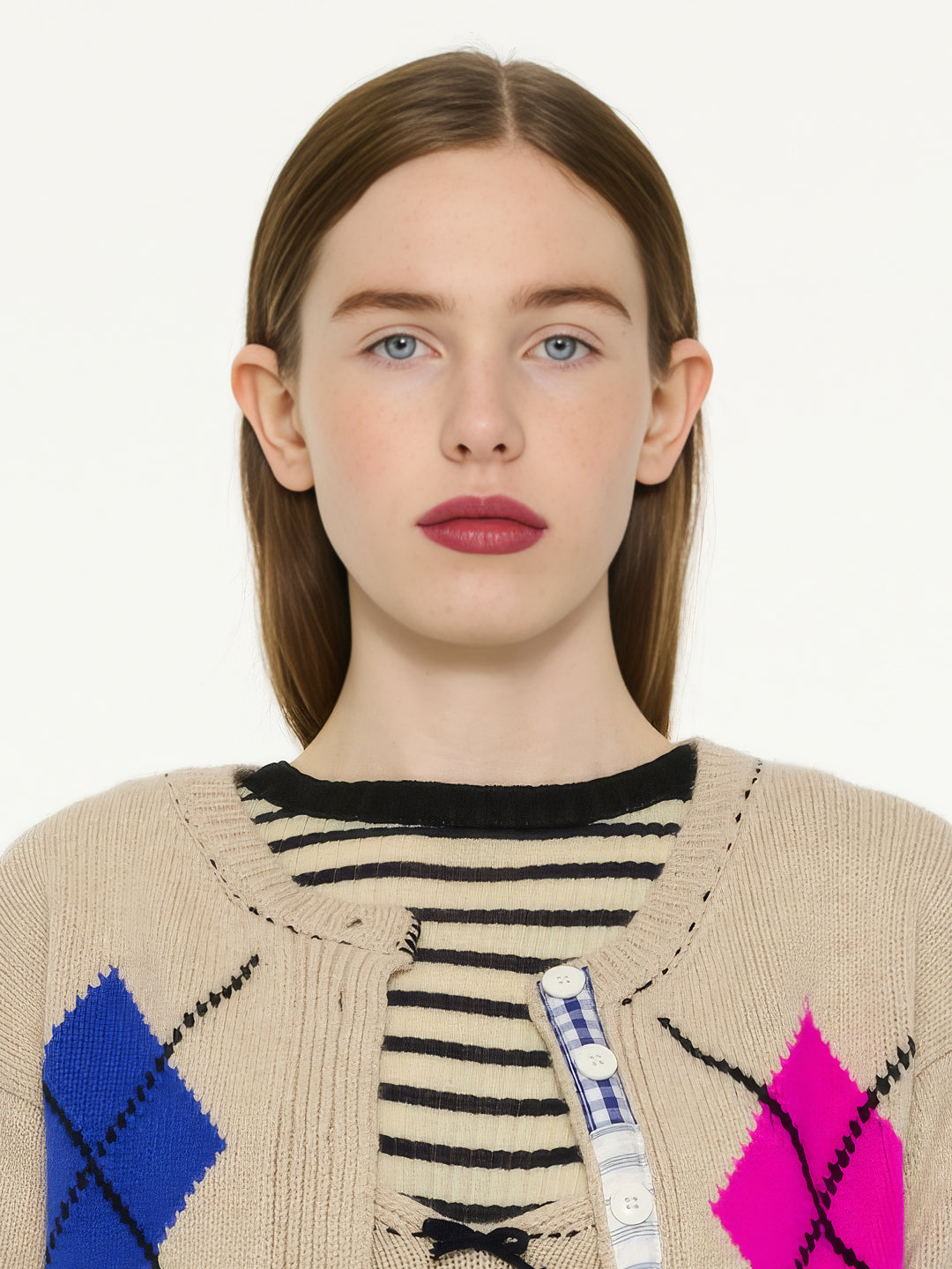 ISH Argyle Crew Neck Cardigan - Oatmeal